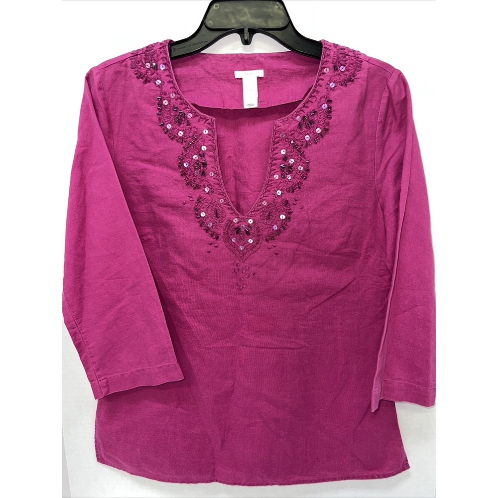 Old Navy Shirt Women's Medium Fuchsia Beaded Blouse